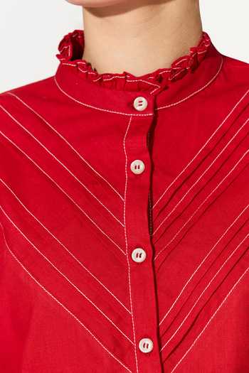 Koai_Red Linen Mandarin Collar Frill Shirt _at_Aza_Fashions