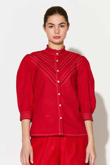 Buy_Koai_Red Linen Mandarin Collar Frill Shirt 