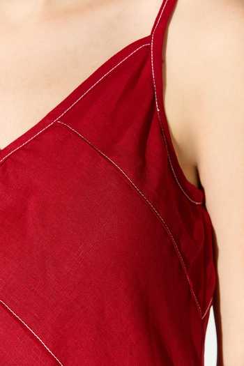 Koai_Red Linen Cowl Neck Spaghetti Strap Dress _Online_at_Aza_Fashions