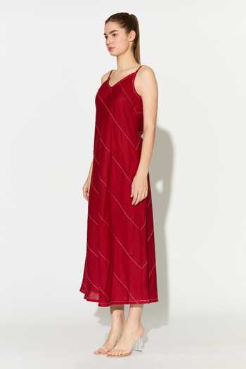 Shop_Koai_Red Linen Cowl Neck Spaghetti Strap Dress _Online_at_Aza_Fashions