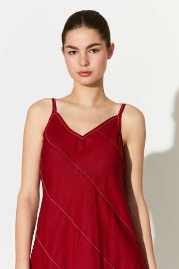 Koai_Red Linen Cowl Neck Spaghetti Strap Dress _at_Aza_Fashions