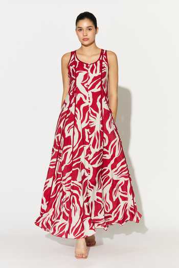 Shop_Koai_White Silk, Cotton, Muslin Scoop Neck Abstract Print Dress _Online_at_Aza_Fashions