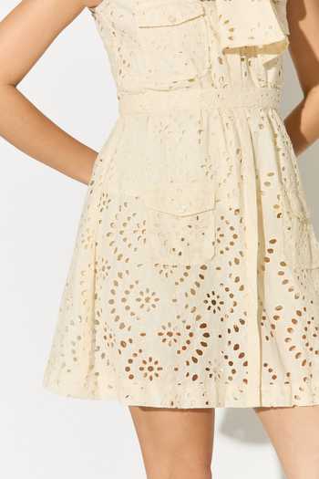 Koai_Off White Cotton High Neck Eyelet Short Dress _Online_at_Aza_Fashions