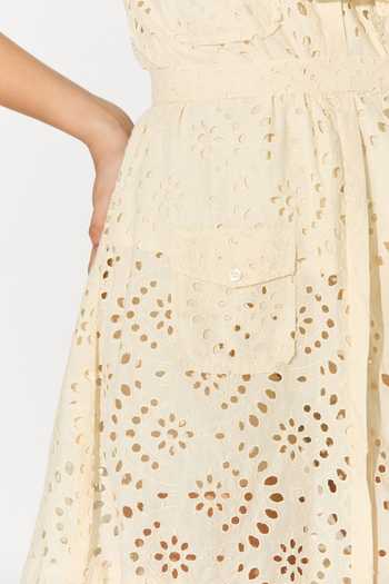 Buy_Koai_Off White Cotton High Neck Eyelet Short Dress _Online_at_Aza_Fashions