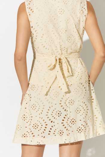 Shop_Koai_Off White Cotton High Neck Eyelet Short Dress _Online_at_Aza_Fashions