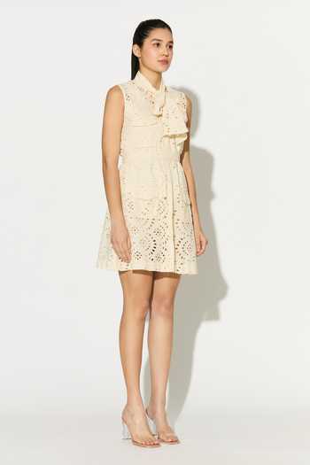 Koai_Off White Cotton High Neck Eyelet Short Dress _at_Aza_Fashions
