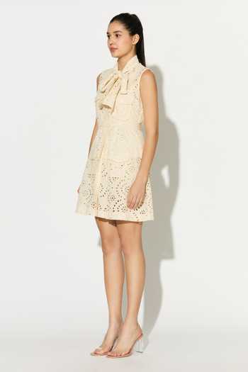 Buy_Koai_Off White Cotton High Neck Eyelet Short Dress 