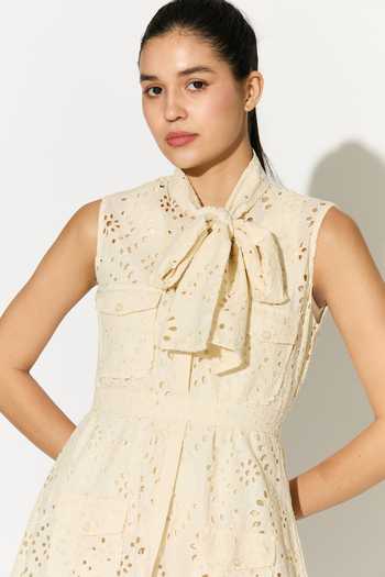 Shop_Koai_Off White Cotton High Neck Eyelet Short Dress 
