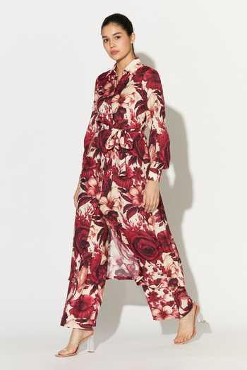Shop_Koai_White Silk, Cotton, Muslin Collared Floral Print Tunic _Online_at_Aza_Fashions