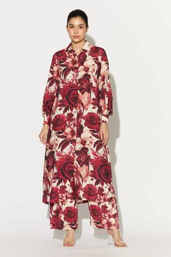 Koai_White Silk, Cotton, Muslin Collared Floral Print Tunic _at_Aza_Fashions