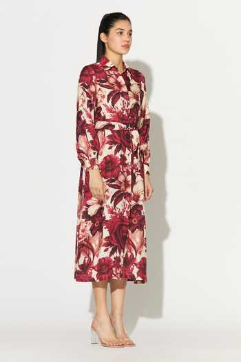 Koai_White Silk, Cotton, Muslin Collared Floral Print Midi Dress _Online_at_Aza_Fashions