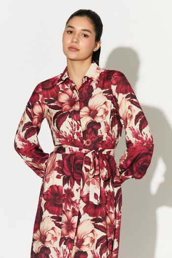 Buy_Koai_White Silk, Cotton, Muslin Collared Floral Print Midi Dress _Online_at_Aza_Fashions