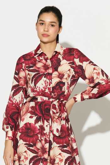 Koai_White Silk, Cotton, Muslin Collared Floral Print Midi Dress _at_Aza_Fashions