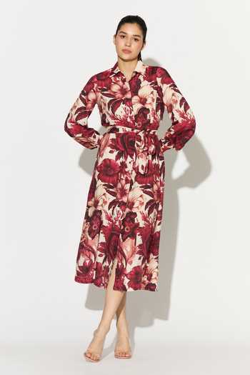 Buy_Koai_White Silk, Cotton, Muslin Collared Floral Print Midi Dress 