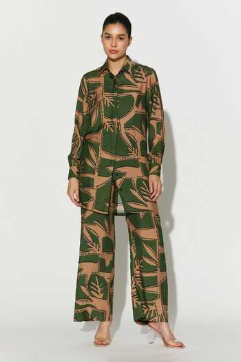 Koai_Green Silk, Cotton, Muslin Collared Abstract Print Shirt _Online_at_Aza_Fashions