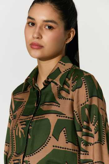 Shop_Koai_Green Silk, Cotton, Muslin Collared Abstract Print Shirt _Online_at_Aza_Fashions