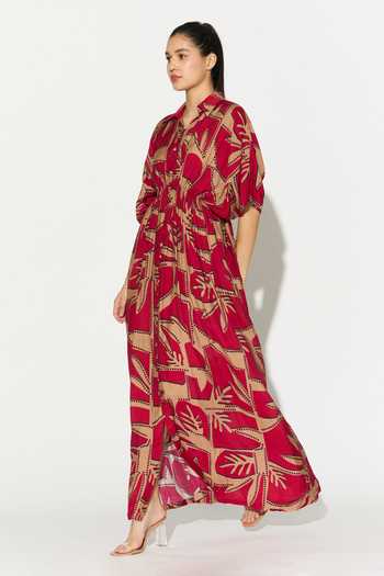 Koai_Gold Silk, Cotton, Muslin Collared Geometric Print Dress _Online_at_Aza_Fashions