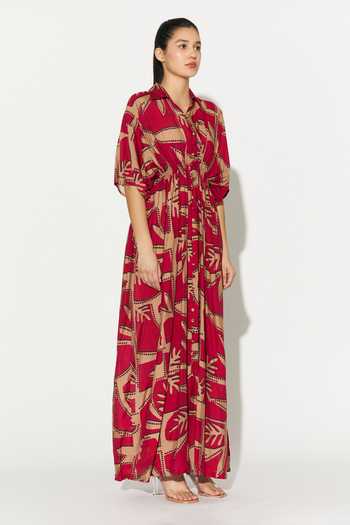 Buy_Koai_Gold Silk, Cotton, Muslin Collared Geometric Print Dress _Online_at_Aza_Fashions