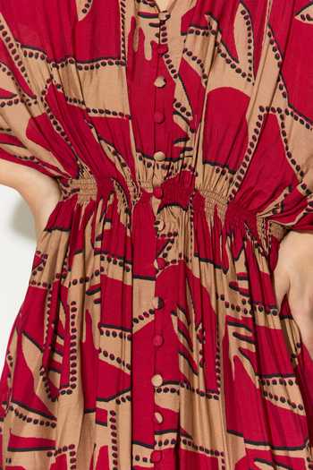 Koai_Gold Silk, Cotton, Muslin Collared Geometric Print Dress _at_Aza_Fashions