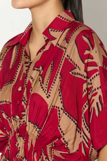 Shop_Koai_Gold Silk, Cotton, Muslin Collared Geometric Print Dress 