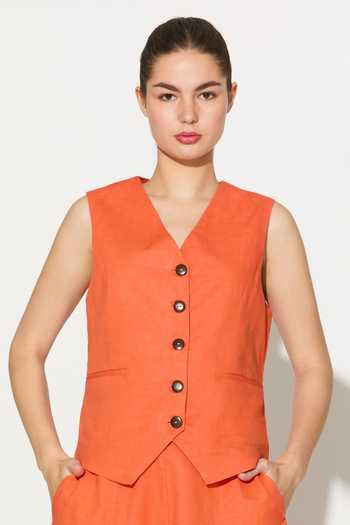 Buy_Koai_Orange Linen V-neck Sleeveless Waistcoat _Online_at_Aza_Fashions