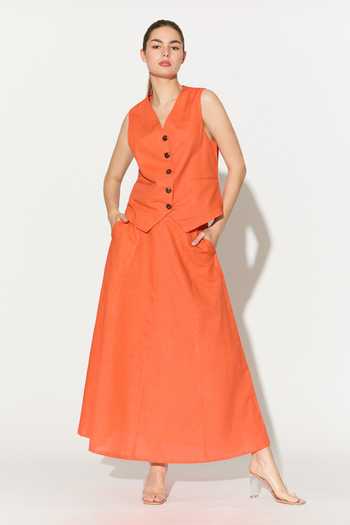 Shop_Koai_Orange Linen V-neck Sleeveless Waistcoat _Online_at_Aza_Fashions