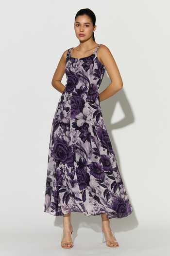 Koai_White Georgette Square Neck Purple Floral Print Dress _Online_at_Aza_Fashions