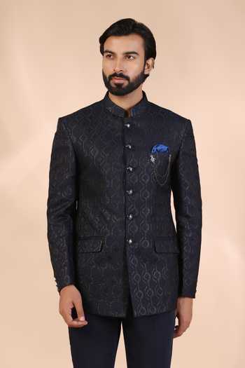 Buy_ZOOP MEN_Blue Jacquard, Rayon Printed Bandhgala And Trouser Set _Online_at_Aza_Fashions