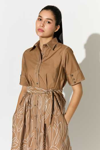 Shop_Koai_Brown Cotton, Poplin Collared Abstract Embroidered Dress 