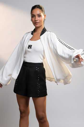 Style Junkiie_White Georgette Mandarin Collar Summer Ivory Essential Zipper Shacket _Online_at_Aza_Fashions