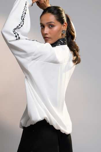 Buy_Style Junkiie_White Georgette Mandarin Collar Summer Ivory Essential Zipper Shacket _Online_at_Aza_Fashions