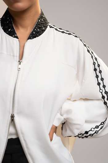 Shop_Style Junkiie_White Georgette Mandarin Collar Summer Ivory Essential Zipper Shacket _Online_at_Aza_Fashions