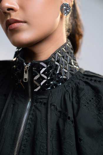 Buy_Style Junkiie_Black Collared After Dark Mirror Work Shacket _Online_at_Aza_Fashions