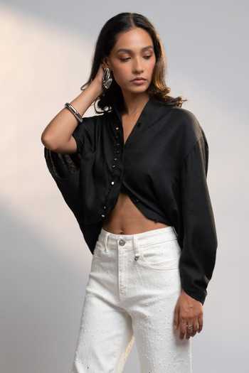 Shop_Style Junkiie_Black Linen Mandarin Collar After Dark 12-12 Shirt _Online_at_Aza_Fashions