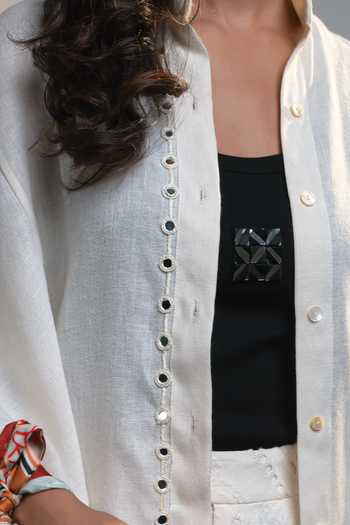 Style Junkiie_White Linen Mandarin Collar Summer Ivory 12-12 Shirt _at_Aza_Fashions