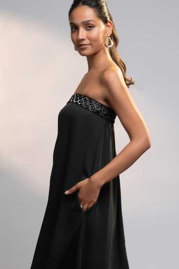Buy_Style Junkiie_Black Georgette Bandeau Neck After Dark Strapless Mirror Maxi Dress _Online_at_Aza_Fashions