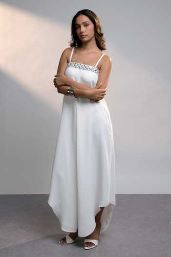Style Junkiie_White Georgette Bandeau Neck Summer Mirror Work Strapless Maxi Dress _Online_at_Aza_Fashions