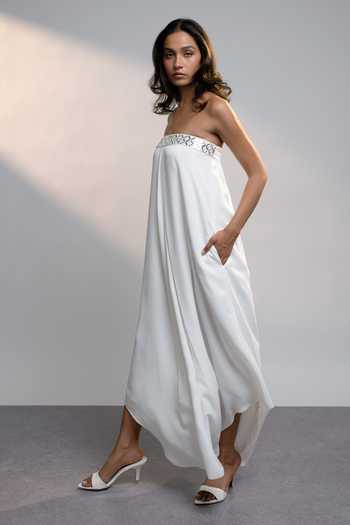 Buy_Style Junkiie_White Georgette Bandeau Neck Summer Mirror Work Strapless Maxi Dress _Online_at_Aza_Fashions