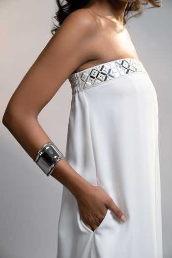 Shop_Style Junkiie_White Georgette Bandeau Neck Summer Mirror Work Strapless Maxi Dress _Online_at_Aza_Fashions