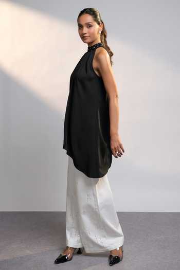 Style Junkiie_Black Georgette Halter Neck After Dark Asymmetric Top _Online_at_Aza_Fashions