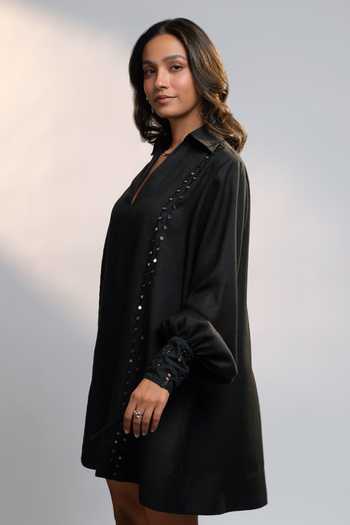 Style Junkiie_Black Linen V-neck, Collared After Dark Dress _Online_at_Aza_Fashions
