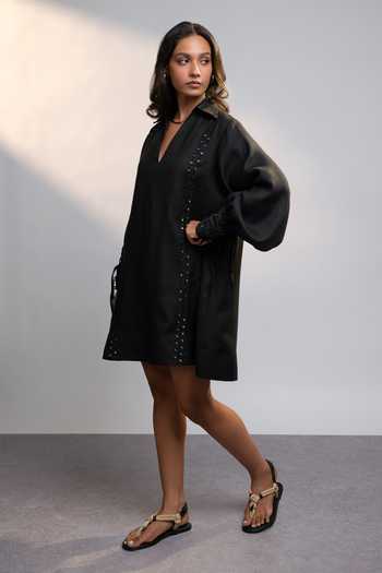 Buy_Style Junkiie_Black Linen V-neck, Collared After Dark Dress _Online_at_Aza_Fashions