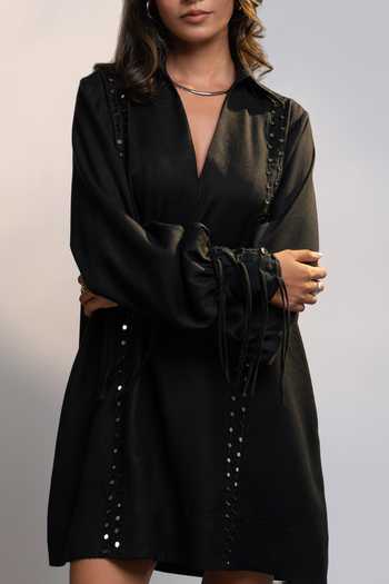 Shop_Style Junkiie_Black Linen V-neck, Collared After Dark Dress _Online_at_Aza_Fashions