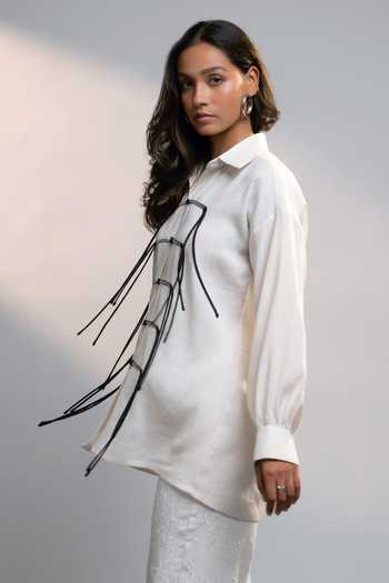 Style Junkiie_White Linen Collared Summer Loop Shirt _Online_at_Aza_Fashions
