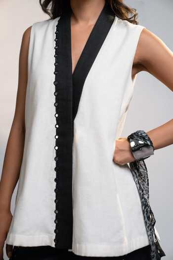 Style Junkiie_White Linen Shawl Neck Summer Power Vest Top _at_Aza_Fashions