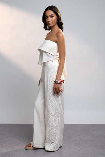 Shop_Style Junkiie_White Linen Bandeau Neck Summer Cutwork Schiffli Scarf Top _Online_at_Aza_Fashions