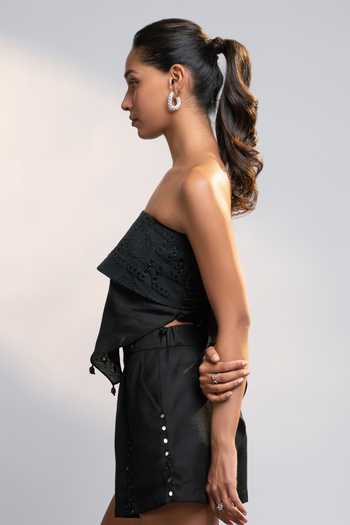 Style Junkiie_Black Linen Bandeau Neck After Dark Cutwork Schiffli Scarf Top _Online_at_Aza_Fashions