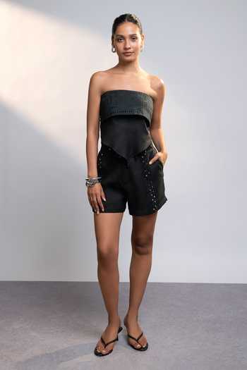 Buy_Style Junkiie_Black Linen Bandeau Neck After Dark Cutwork Schiffli Scarf Top _Online_at_Aza_Fashions