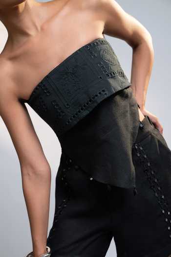 Shop_Style Junkiie_Black Linen Bandeau Neck After Dark Cutwork Schiffli Scarf Top _Online_at_Aza_Fashions