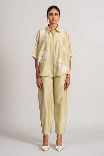 Buy_Namrata Joshipura_Mint Chanderi Silk Collared Shirt And Pant Set _Online_at_Aza_Fashions